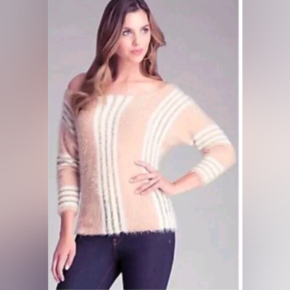 BEBE Peach Coastal Faux Fur Striped Gold Tan Cream Pullover M Sweater